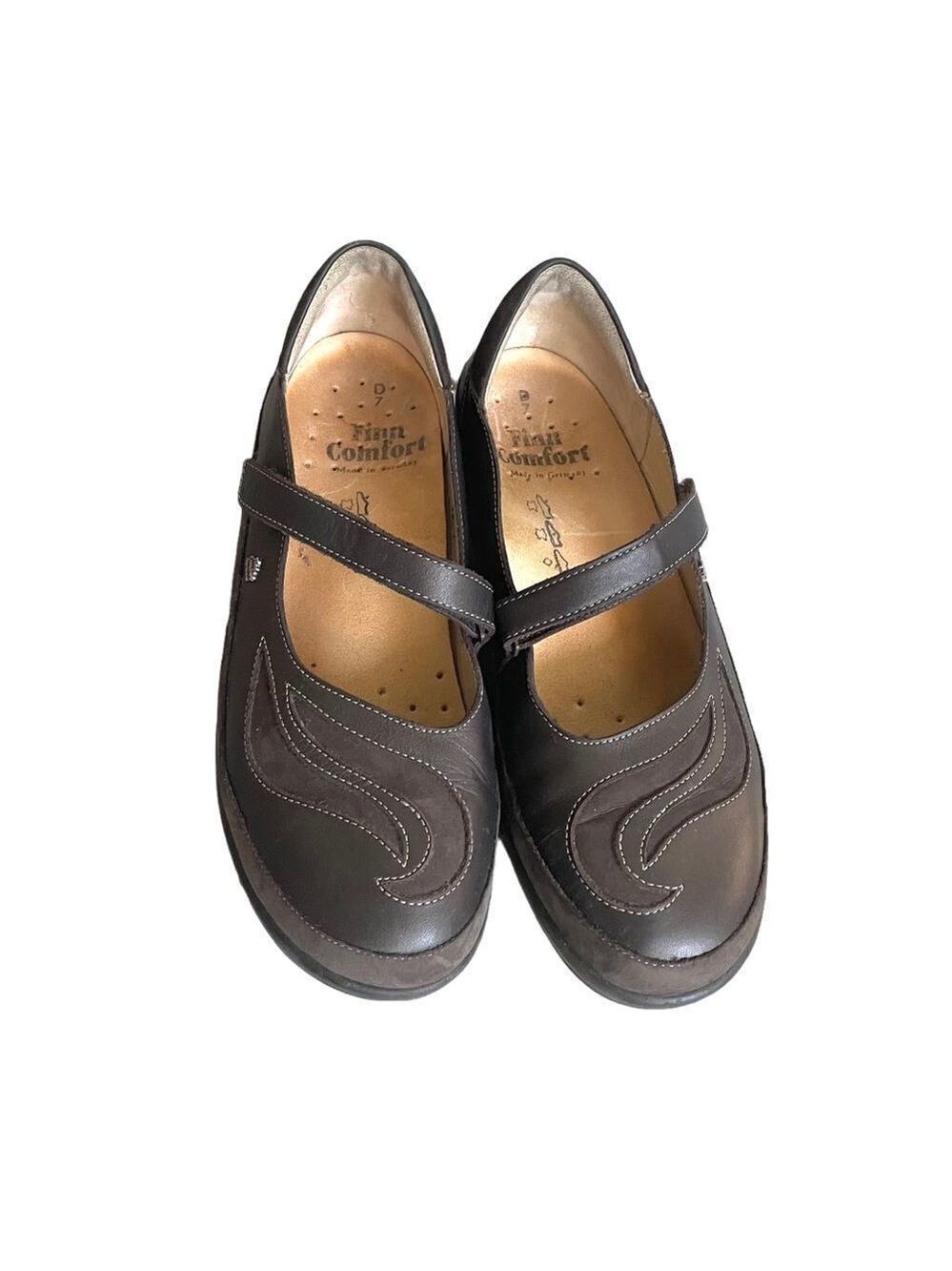 FINN COMFORT Germany Leather Mary Jane Slip-On Shoes Brown  7